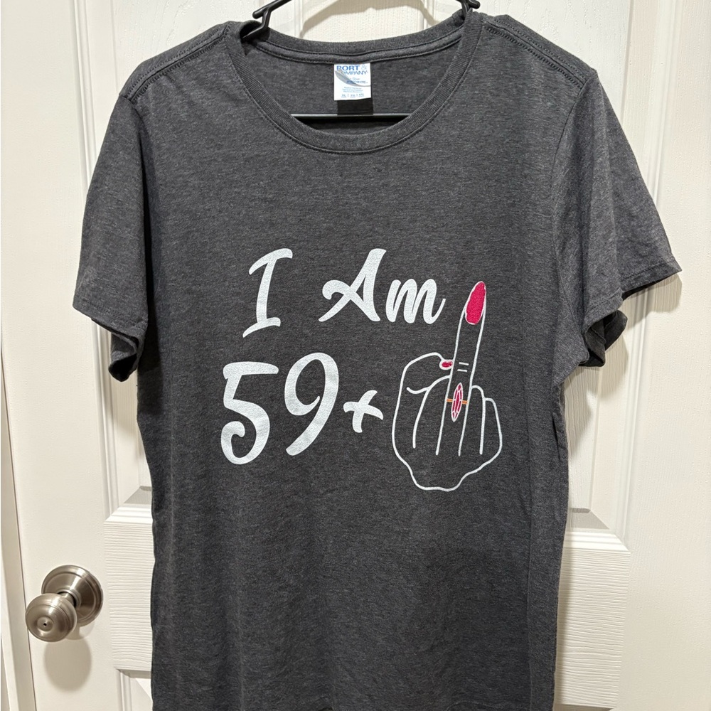 Port Authority Gray T-Shirt with Pink and White Design